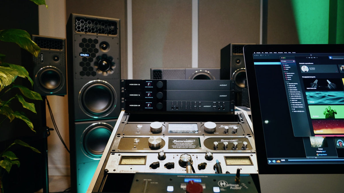 Audient Horizon 32, 16 and 8P stacked in the Wired Tunes showroom next to PMC monitors